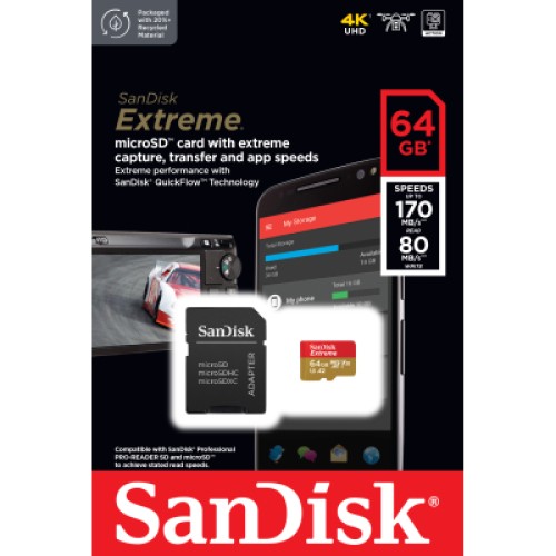 Карта памяти SanDisk 64GB microSD class 10 UHS-I U3 Extreme (SDSQXAH-064G-GN6MA)
