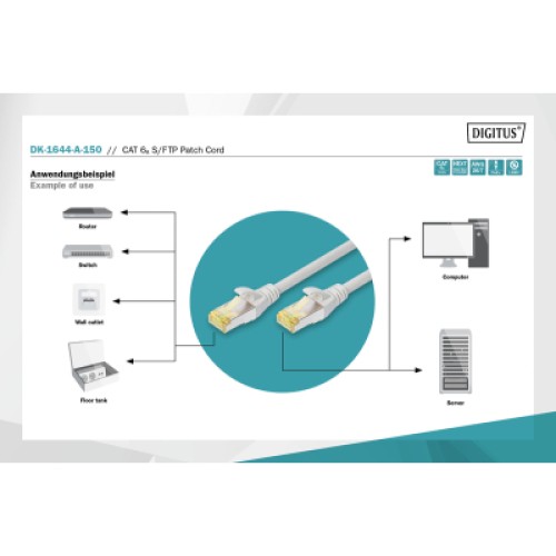 Патч-корд 15м, CAT 6a S-FTP, AWG 26/7, Cu, LSZH, grey Digitus (DK-1644-A-150)