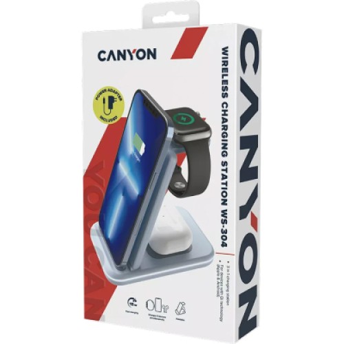 Зарядное устройство Canyon WS-304 Foldable 3in1 Wireless charger Blue (CNS-WCS304BL)
