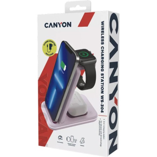 Зарядное устройство Canyon WS-304 Foldable 3in1 Wireless charger Iced Pink (CNS-WCS304IP)