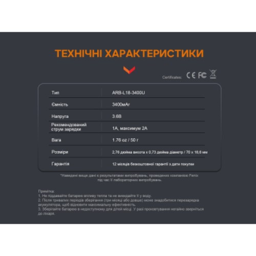 Аккумулятор Fenix 18650 3400 mAh micro usb зарядка (ARB-L18-3400U)