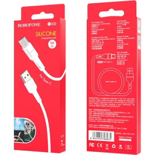 Дата кабель USB 2.0 AM to Type-C 1.0m BX30 Silicone 3A White BOROFONE (BX30CW)