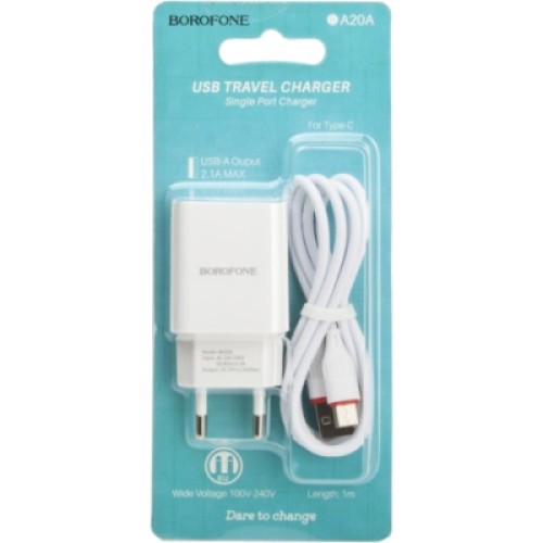Зарядное устройство BOROFONE BA20A Sharp single port charger set(Type-C) White (BA20ACW)