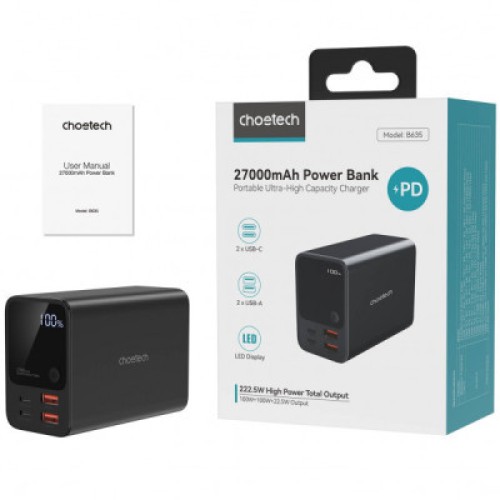 Батарея универсальная Choetech 27000mAh, PD/3.0/100W, USB-C*2/100+100W, USB-A*2/QC3.0/22.5W (B635-BK)