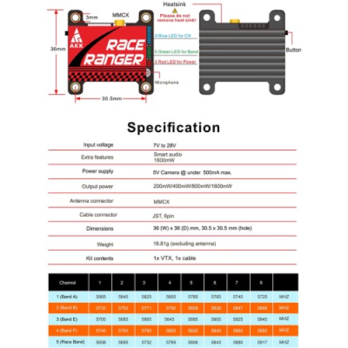 Видеопередатчик (VTX) AKK Race Ranger 1.6W 5.8GHz 48CH L,X Band (TX1918LX)