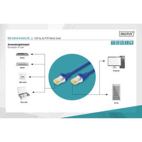 Патч-корд 1м, CAT 6a S-FTP, AWG 26/7, Cu, LSZH, blue Digitus (DK-1644-A-010/B)