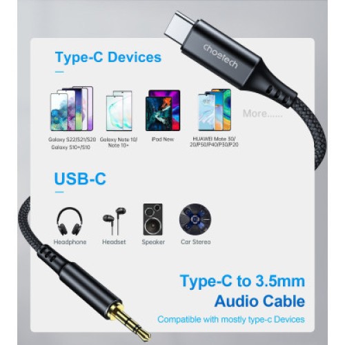 Переходник USB-C to jack 3.5mm stereo audio (CDLA) 2.0m Choetech (AUX008-BK)