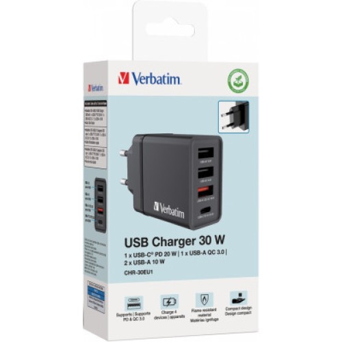 Зарядное устройство Verbatim USB 30W PD3.0 4-ports black (49700)