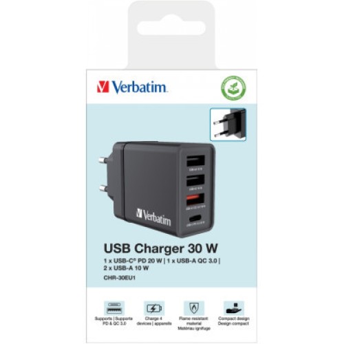 Зарядное устройство Verbatim USB 30W PD3.0 4-ports black (49700)