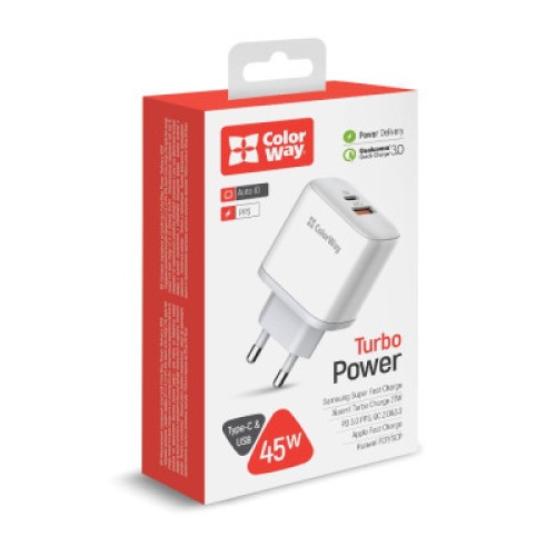Зарядное устройство ColorWay Power Delivery Port PPS USB (Type-C PD+ USB QC3.0) (45W) white (CW-CHS042PD-WT)