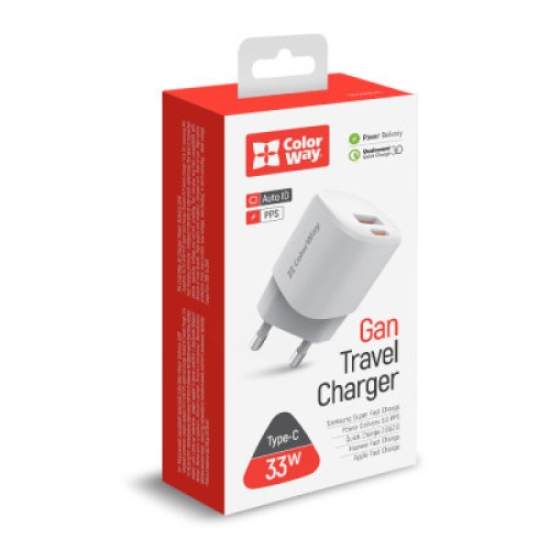 Зарядное устройство ColorWay GaN PD Port USB PPS (Type-C PD + USB QC3.0) (33W) white (CW-CHS043PD-WT)