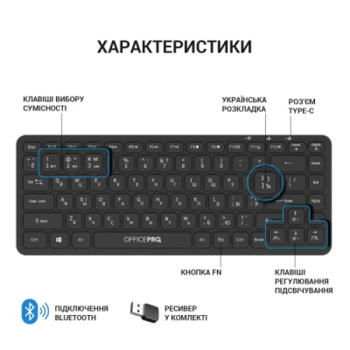Клавиатура OfficePro SK790B Wireless/Bluetooth Black (SK790B)