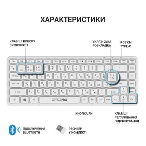 Клавиатура OfficePro SK790W Wireless/Bluetooth White (SK790W)