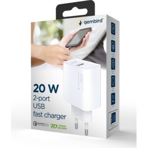 Зарядное устройство Gembird USB-A + Type-C (PD20W + QC3.0 18W) white (TA-UC-PDQC20-01-W)
