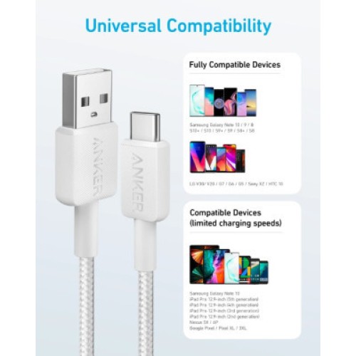 Дата кабель USB 2.0 AM to Type-C 0.9m 322 White Anker (A81H5H21/A81H5G21)