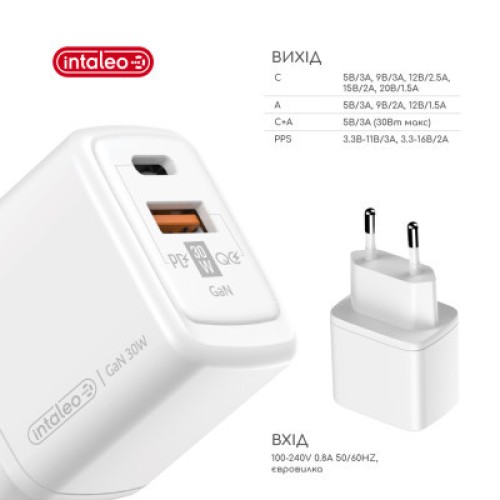 Зарядное устройство Intaleo 30W GAN USB-C PD+USB-A QC 3.0 white (1283126578274)
