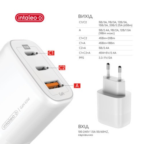 Зарядное устройство Intaleo 65W GAN 2USB-C PD+USB-A QC 3.0 white (1283126559525)
