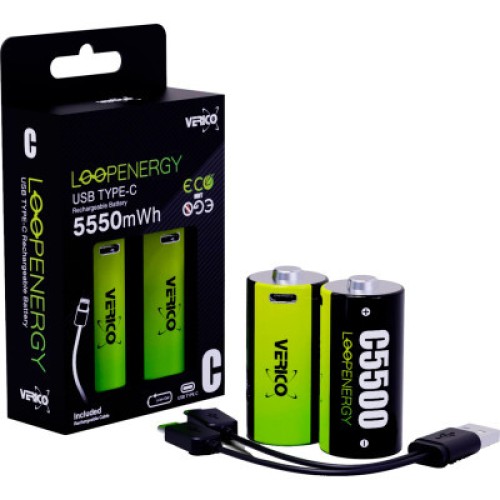 Аккумулятор Verico C/R14 USB Type-C 3700mAh 1.5V Li-ion * 2 (LoopEnergy) (1BTOV-A4N0A2-NN)