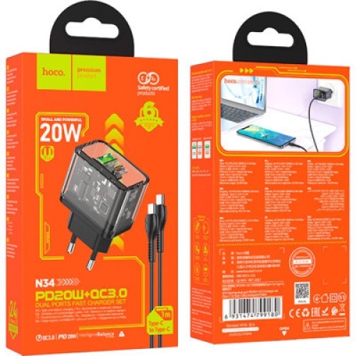 Зарядное устройство HOCO N34 Dazzling dual-port Black (6931474799180)