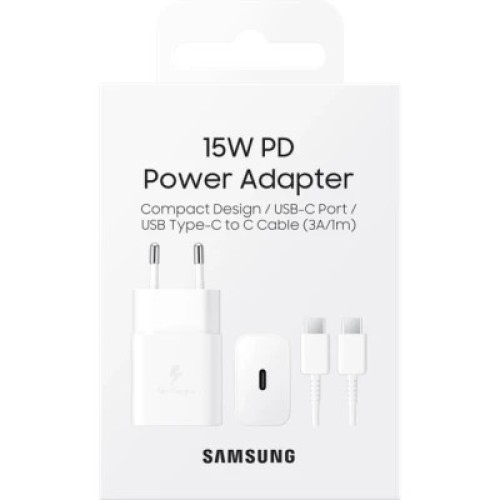 Зарядное устройство Samsung USB-С 15W White + Cable USB-C 1m (EP-T1510XWEGEU)