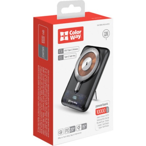 Батарея универсальная ColorWay 10 000 mAh 15W MagSafe (USB QC3.0 + USB-C PD 22.5W) (CW-PB100LPA3BK-WPDD)