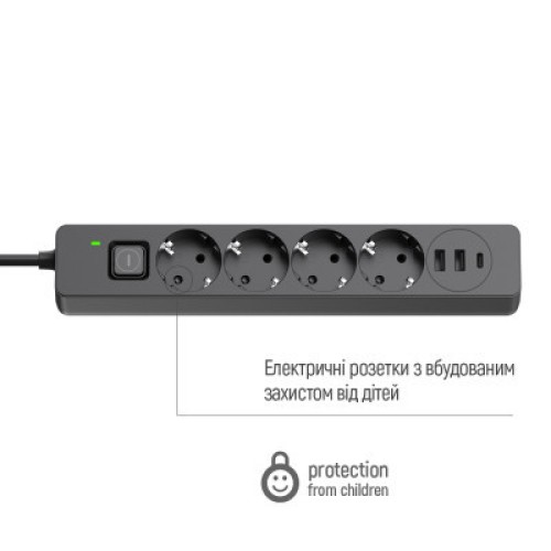 Сетевой фильтр питания ColorWay CW-CHE435PDB, 4 розетки/3USB 5M (CW-CHE435PDB)
