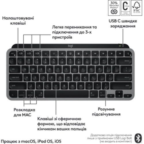 Клавиатура Logitech MX Keys Mini для MAC Wireless UA Space Grey (920-012652)