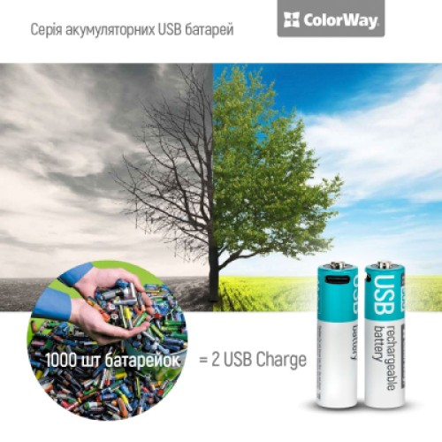 Аккумулятор ColorWay AA USB-С 2220 mAh 1.5V (2шт) (Li-Polymer) (CW-UBAA-10)