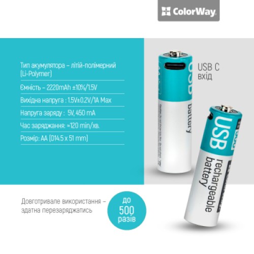 Аккумулятор ColorWay AA USB-С 2220 mAh 1.5V (2шт) (Li-Polymer) (CW-UBAA-10)