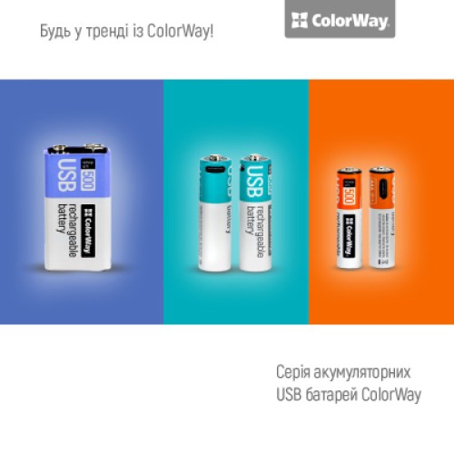 Аккумулятор Крона USB-С 390 mAh 9V (Li-Polymer) ColorWay (CW-UB9V-06)