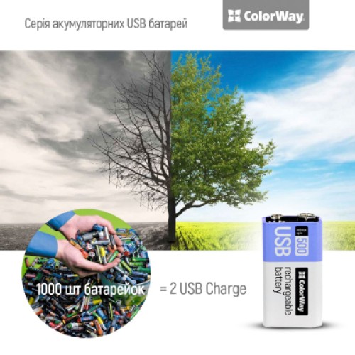 Аккумулятор Крона USB-С 390 mAh 9V (Li-Polymer) ColorWay (CW-UB9V-06)