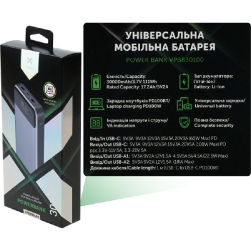 Батарея универсальная Vinga 30000 mAh 100W Display VA Grey (Li-Ion) (VPBB30100)