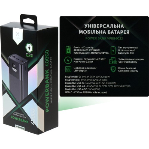 Батарея универсальная Vinga 40000 mAh 22.5W Display Black (VPBB4022)