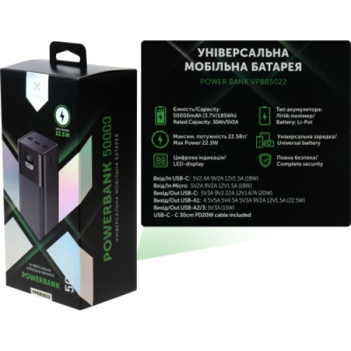 Батарея универсальная Vinga 50000 mAh 22.5W Display Black (VPBB5022)