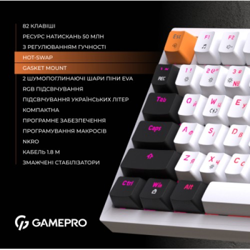 Клавиатура GamePro MK160W Hot-Swap Red Swich RGB USB UA White (MK160W)