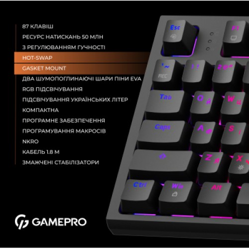 Клавиатура GamePro MK180B Hot-Swap Red Swich RGB USB UA Black (MK180B)