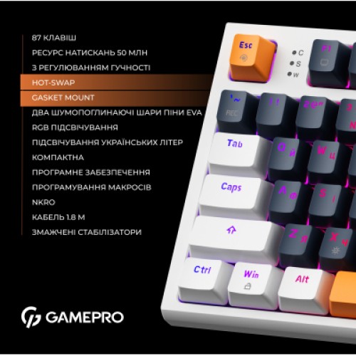 Клавиатура GamePro MK180W Hot-Swap Red Swich RGB USB UA White (MK180W)
