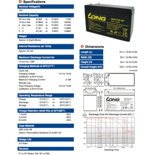 Батарея к ИБП Long 12В 7.2 Ач (WP7.2-12) (WP7.2-12A)