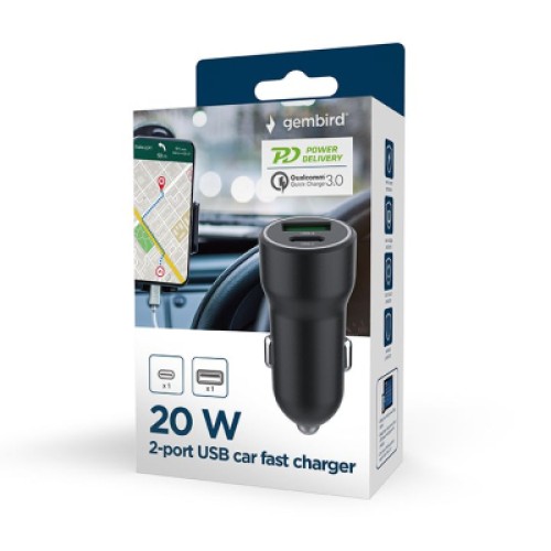 Зарядное устройство Gembird 1xUSB-A (18W QC3.0) + 1xUSB-C (20W PD) black (TA-UC-A2PDQC20-CAR-01)