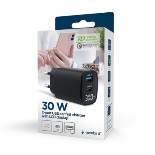 Зарядное устройство Gembird 1xUSB-A (QC3.0 18W) + 1 Type-C (PD20W) LCD black (TA-UC-PDQC30LCD-BK-01)