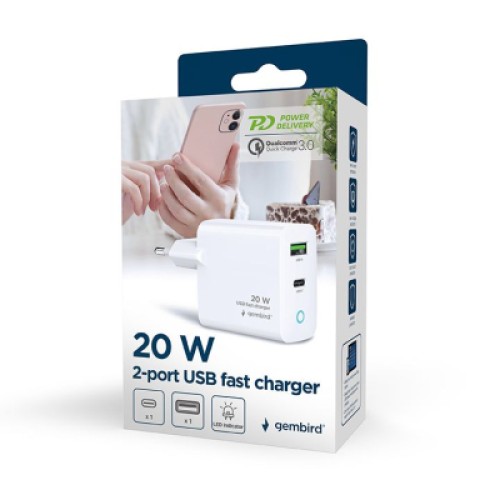 Зарядное устройство Gembird 1xUSB-A + 1 Type-C (PD20Вт + QC3.0 18Вт) white (TA-UC-PDQC20L-W-01)