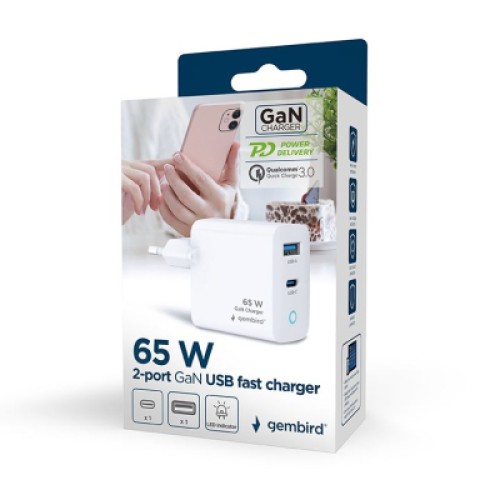 Зарядное устройство Gembird 1хUSB-A (QC3.0 18W) + 1xType-C (PD 65W) white (TA-UC-PDQC65L-W-01)