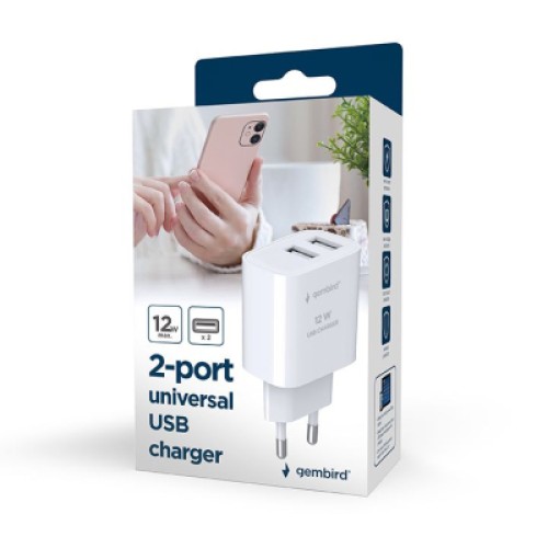 Зарядное устройство Gembird 2 USB-A 5V/2.4A (12W) white (TA-UC-2A12-01)