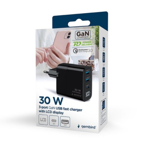 Зарядное устройство Gembird 2хUSB-A (QC3.0 18W) + 1хType-C (PD20W) LCD black (TA-UC-PDQC30LCD-BK-02)