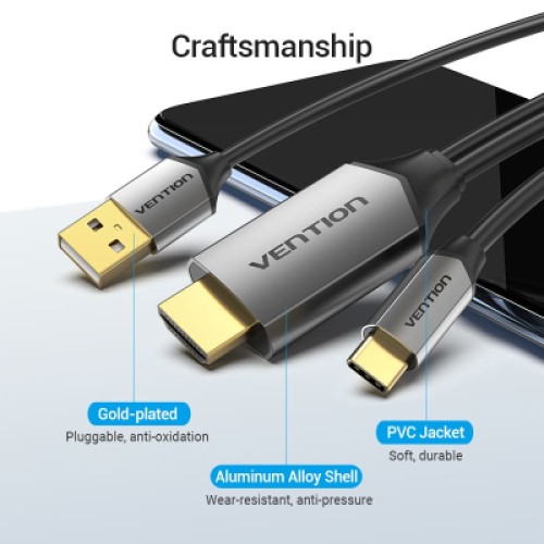 Кабель мультимедийный USB-C 3.1 to HDMI 1.5m v.2.0 4K 60Hz USB Power Supply black Vention (CGTBG)