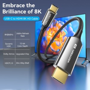 Кабель мультимедийный USB-C 3.1 to HDMI 1.8m 8K 60 Гц Zinc Alloy TPE Black Vention (CRCBAC)