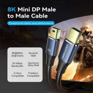 Кабель мультимедийный Mini DisplayPort to Mini DisplayPort 2.0m V1.4 8K 60Hz 32.4Gbps Blue Aluminum Alloy Vention (HCGLH)