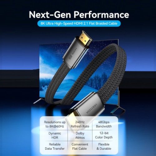 Кабель мультимедийный HDMI to HDMI 2.0m V2.1 8K 60Hz flat Vention (ALKBH)