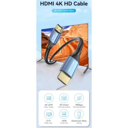 Кабель мультимедийный HDMI to HDMI 10.0m V2.0 4K 60Hz Aluminum Alloy Blue Vention (ALHSL)