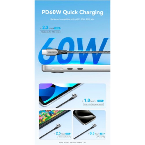 Дата кабель USB-C to USB-C 0.5m USB2.0 60W (20V/3A) angle 90° Gray Aluminum Alloy VENTION (TRAHD)